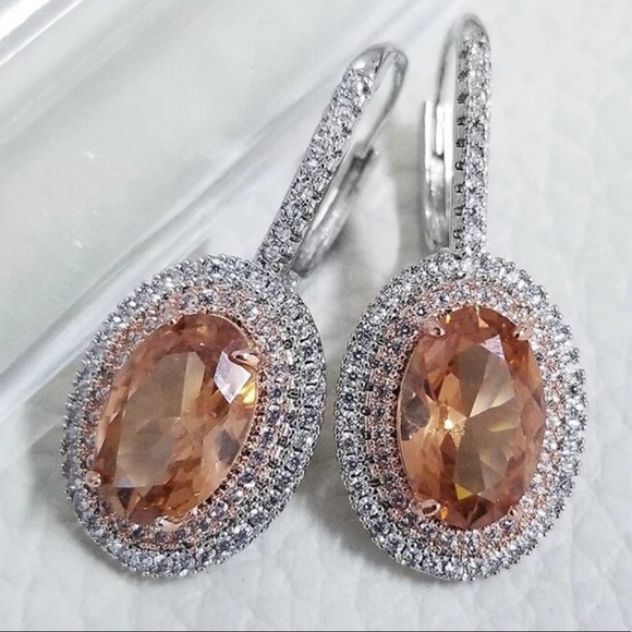 NEW SILVER OVAL DIAMOND MORGANITE HOOP EARRINGS - Picture 3 of 5